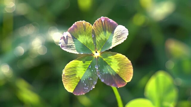 Close-up of a sunlit four-leaf clover displaying green and yellow variegation in a lush blurred background