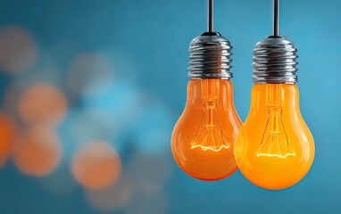 Two glowing light bulbs with a bright orange glow inside,  representing ideas and innovation, on a blue and orange background with bokeh effects. High quality. High quality. High quality