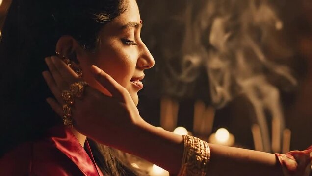 Blessings and Traditions - A Woman Receives a Tika in a Warm, Spiritual Setting.