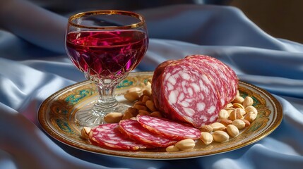 Salami, Wine, and Pistachios - Food Photography Still Life