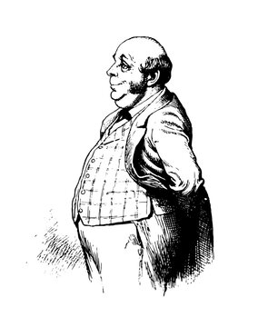 Smiling Portly Man profile, bald head and mutton chops, wearing a plaid vest and a sport jacket coat
