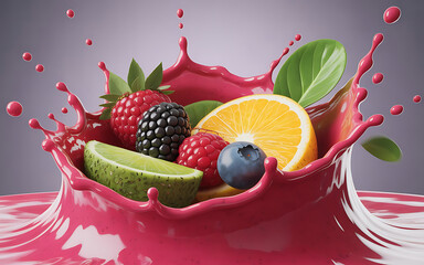 A vibrant splash of juice with fresh berries and citrus slices, symbolizing healthy and refreshing flavors