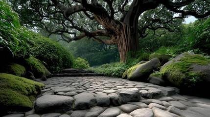 Ancient tree with sprawling branches stands over mossy stone path in lush green forest, evoking tranquility and wonder