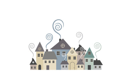 Fototapeta premium Charming little town or village of cozy houses with whimsical smoke spiraling from the chimneys during the winter season.