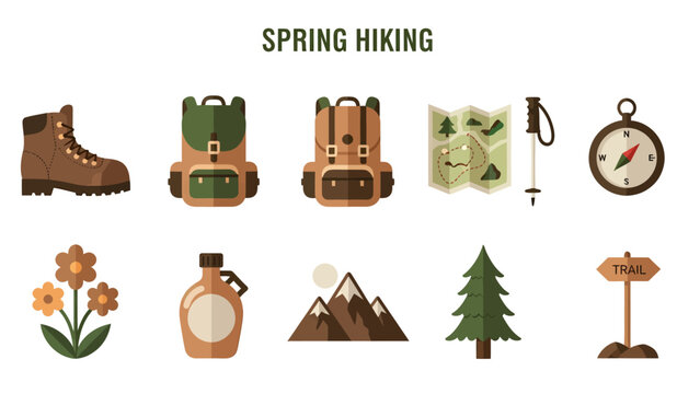 A collection of ten brown and green flat design vector icons for spring hiking activities