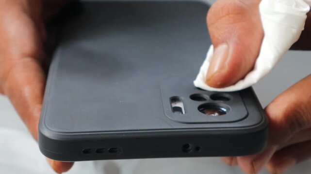 Asian man carefully cleaning a smartphone camera lens with a disinfectant wipe to ensure hygiene. Close-up of a man&rsquo;s hand removing dirt, dust, germs, and bacteria to protect his health and device.