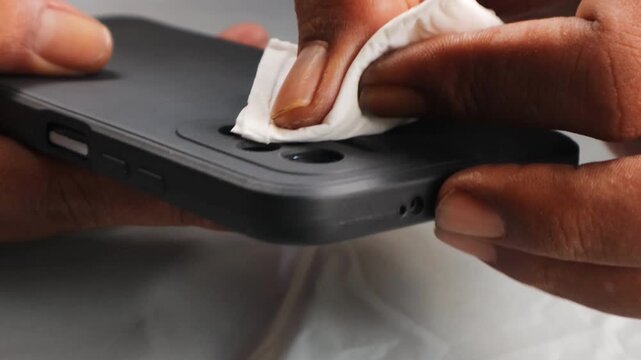 Asian man carefully cleaning a smartphone camera lens with a disinfectant wipe to ensure hygiene. Close-up of a man&rsquo;s hand removing dirt, dust, germs, and bacteria to protect his health and device.
