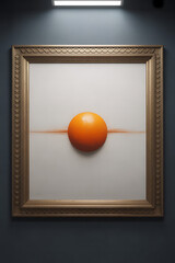 An abstract artwork featuring a bright orange sphere centered on a white canvas with a thin red line, framed in gold