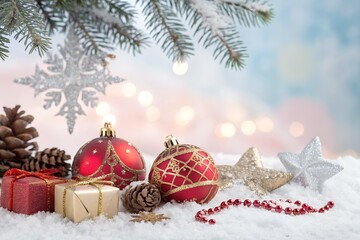 A collection of festive red and gold christmas ornaments displayed on snow with bright bokeh lights