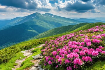 A picturesque mountain landscape with vibrant pink flowers blooming on the hillside, set against a backdrop of majestic green mountains under a clear blue sky.