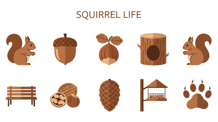 Brown vector icons related to squirrel life including squirrels nuts tree stump and paw print © Faisal