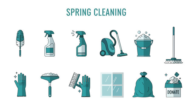Collection of teal and white spring cleaning tool icons arranged in two rows