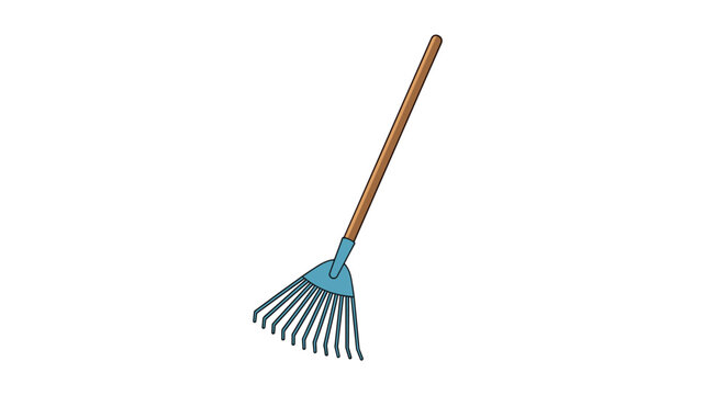 A simple cartoon illustration of a blue leaf rake with a long wooden handle used for gardening and yard cleanup isolated on a white background.