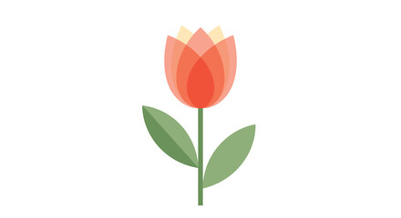 Obraz premium A simple and elegant geometric illustration of a single red tulip with overlapping transparent petals and green leaves isolated on a white background.