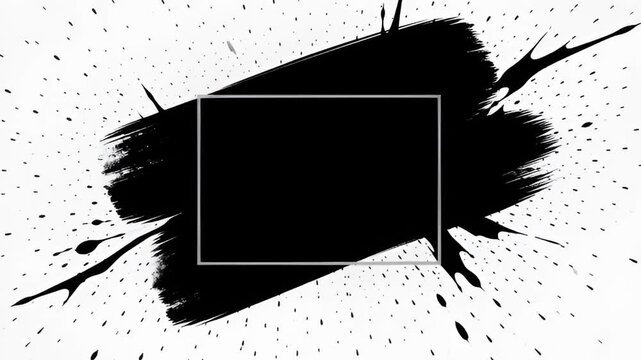 Dynamic black paint brush stroke video showcasing grunge ink splatters, centered with a stylish silver rectangular outline on white.
