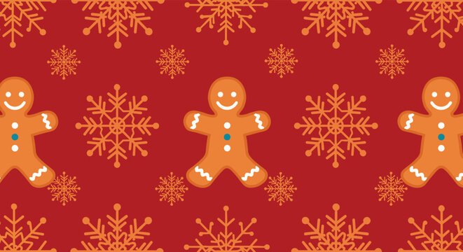 A festive and seamless Christmas pattern featuring cute gingerbread men and orange snowflakes on a vibrant red background for holiday gift wrap or textiles.