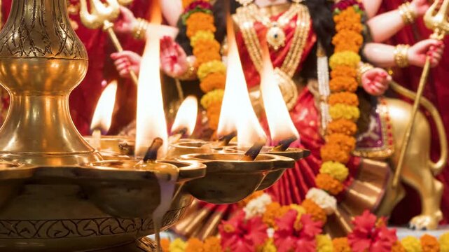 Row of Brass Oil Lamps with Flames Illuminated in Front of a Hindu Goddess Statue Adorned with Garlands and Flowers