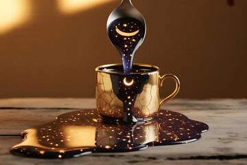 A golden cup of coffee spills onto a wooden table, with a spoon pouring more liquid, reflecting stars and moon