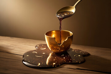 A golden cup of coffee spills onto a wooden table, with a spoon pouring more liquid, reflecting stars and moon
