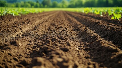 Agricultural Field With Freshly Tilled Soil and Green Sprouts Under Bright Sunlight and Blue Sky
