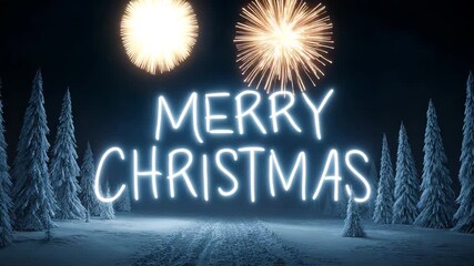 Glowing Merry Christmas text illuminates a serene snowy winter forest at night enhanced by festive fireworks perfect for holiday greetings and seasonal designs