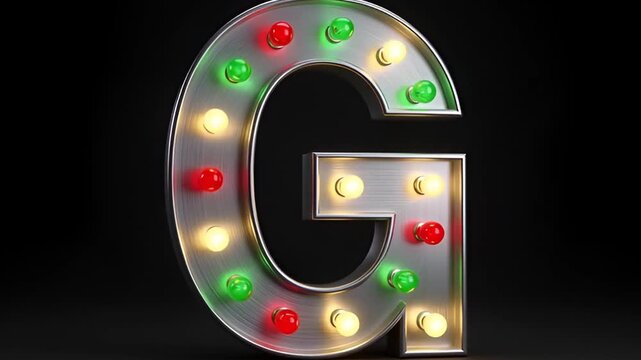 Festive metallic letter G marquee sign video, brightly illuminated with colorful red, green, and yellow bulbs.