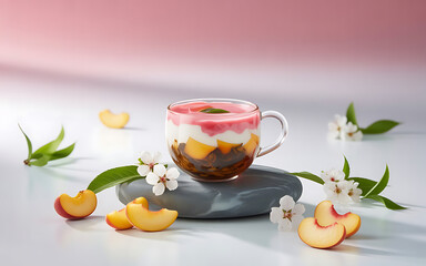 Peach trifle dessert in a glass cup with fresh fruit and mint garnish, isolated on white background