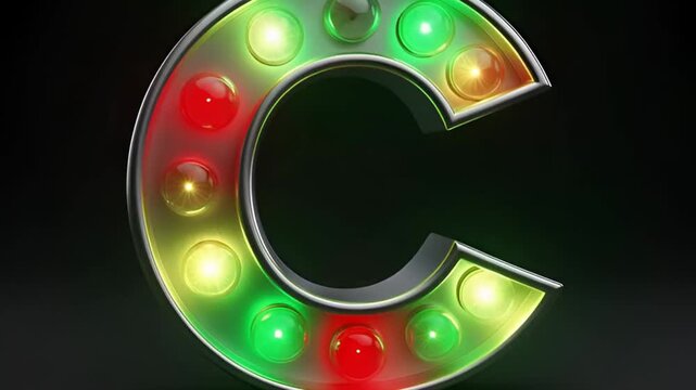 Vibrant Animated Letter C Marquee Sign Video with Flashing Red, Green, and Yellow Lights on Dark Background