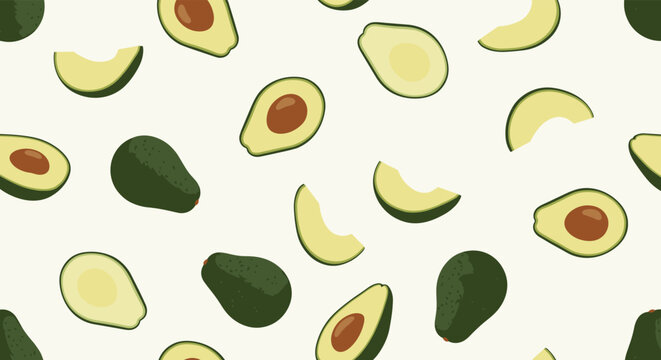 Vibrant and fresh seamless avocado pattern featuring whole, halved, and sliced avocados on a clean, light background.
