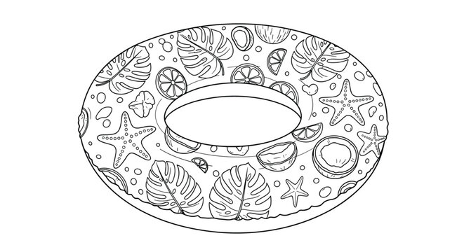 Detailed black and white coloring page illustration of a tropical-themed inflatable swim ring with monstera leaves and starfish.