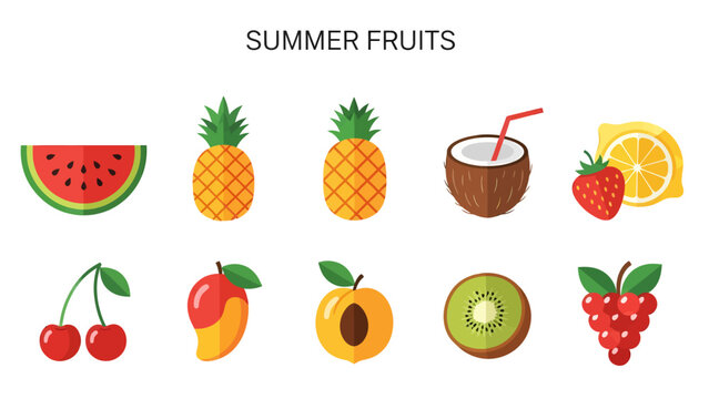 Ten flatdesign summer fruits and drinks arranged in two rows under a heading