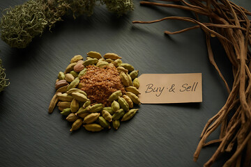 Aromatic spice blend with cardamom, cinnamon, star anise, nutmeg, and cloves on a dark background