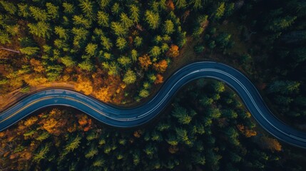 Winding road through dense forest