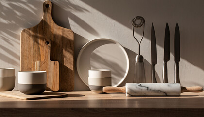 Stylish kitchen utensils and tableware with harsh shadows on wooden counter