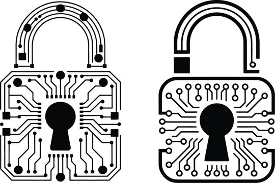 circuit board padlock icon with keyhole wires and security layout, vector illustration