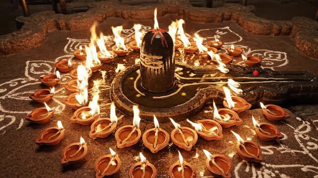 Sacred Shiva Lingam Adorned with Numerous Oil Lamps Ablaze in a Ritualistic Setting with Intricate Rangoli Patterns and Soft Warm Lighting