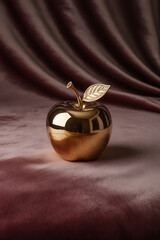 A single golden apple with a leaf and stem sits on a luxurious velvet fabric background