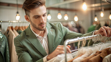 Professional worker carefully inspecting clothes on a rack in a dry cleaning service