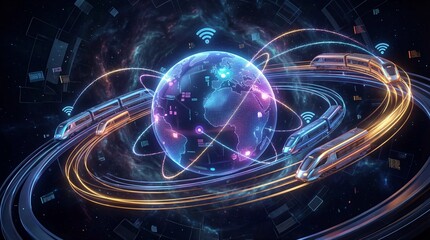 Futuristic Global Network Connecting High Speed Trains Through Digital Orb and Interconnected Systems Illuminated by Neon Lights