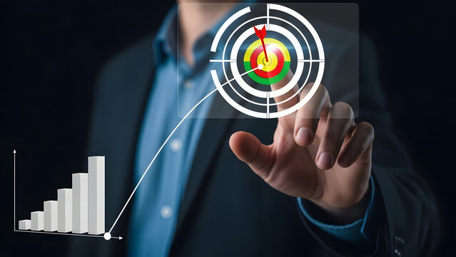 Businessman interacting with futuristic data visualization and target interface - Powered by Adobe