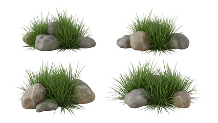 Four views of grass and stones isolated on transparent background