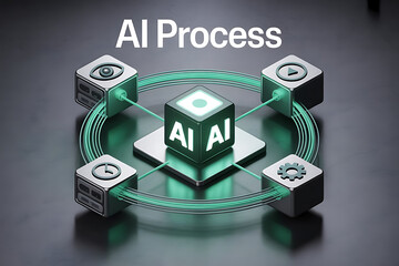 Abstract representation of an ai process with glowing cubes and interconnected lines symbolizing data flow and machine learning