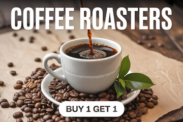 Close up of freshly roasted coffee beans surrounding a white cup of hot coffee with steam rising, ready to be enjoyed