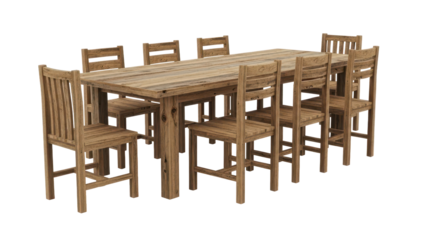 Wide rectangular dining table made of reclaimed wood with six chairs isolated on white background