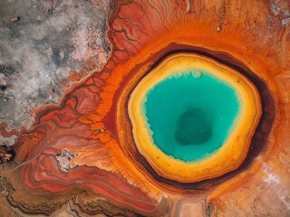 Aerial view of vivid geothermal hot spring with turquoise center and orange mineral rings, surreal natural pattern.9
