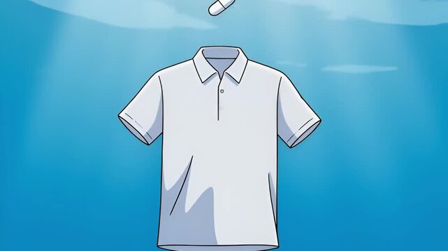 Dynamic animated video shows a fresh white polo shirt falling into bright blue water, creating gentle surface ripples.