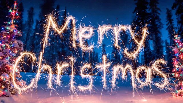 Glowing Merry Christmas text written with sparklers set against a dark snowy winter forest with illuminated festive trees perfect for holiday greetings and seasonal cele