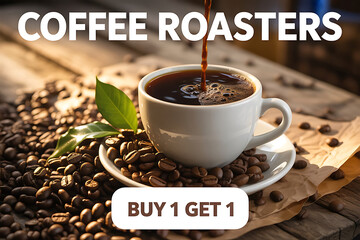 Hot coffee being poured into a cup surrounded by roasted coffee beans on a wooden table, with a promotional text overlay