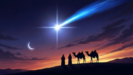 Three Wise Men Riding Camels Under Starry Desert Night Sky