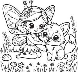 Cute fairy hugging little fox in garden cartoon coloring page outline